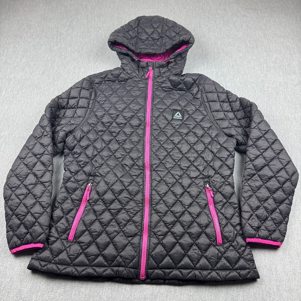 Reebok Jacket‎ Womens XL Black Pink Quilted Diamond Full Zip Hooded Insulated